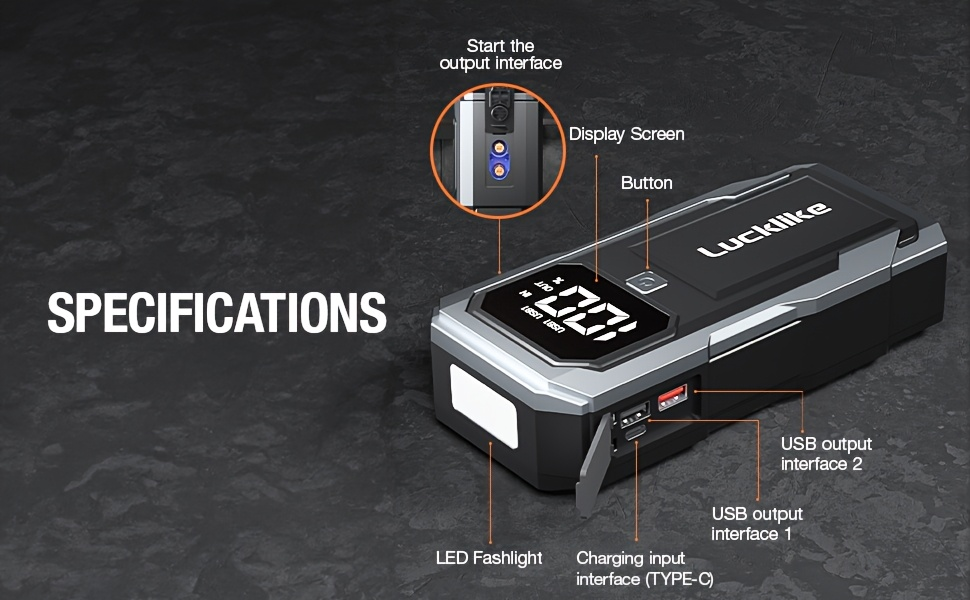Battery Jump Starter 5000A 3000A Peak for Gas Diesel Engines QC3.0 18W Fast Charge USB-C Recharge for Garden, Patio and Yard 