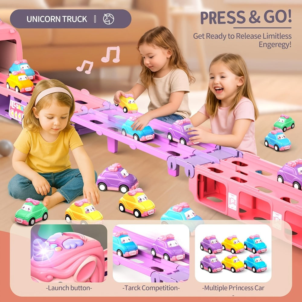 Pink Unicorn Monster Truck Track Set with 8 Princess Cars, Lights & Sounds with the Listed Color, Size or Set Options for Eve