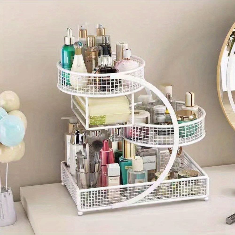 Cosmetic Organizer with Tissue Box Holder No-Installation Countertop Makeup Skincare Storage Rack for Bathroom Dresser Vanity