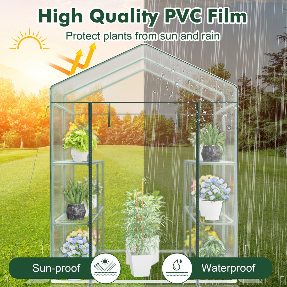 55 x 57 x 77-Inch Walk-In Greenhouse with Transparent Cover, Roll-Up Door and Eight Side Shelves — image 5