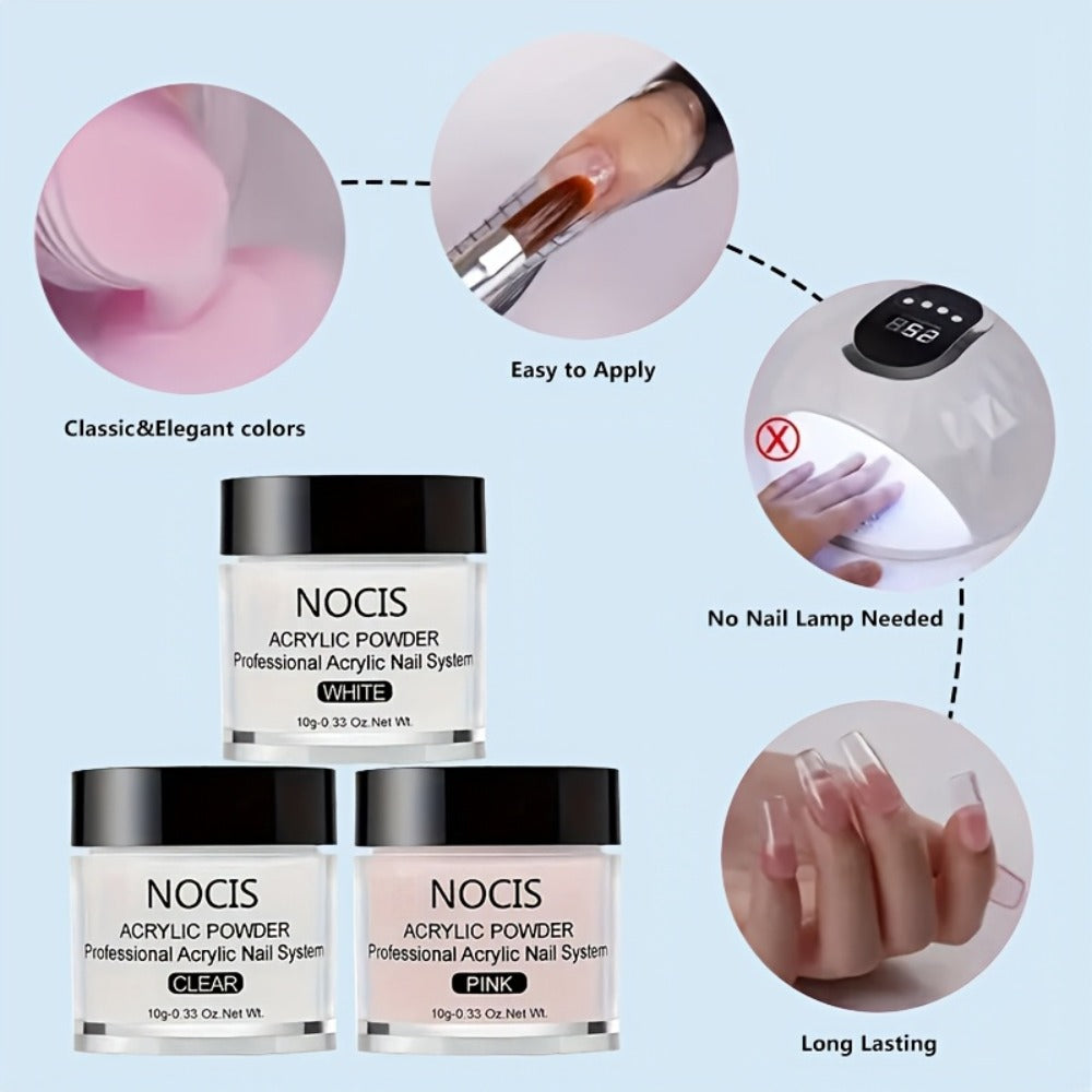 Acrylic Nail Kit NOCIS Clear, Pink and White Powder Set with Liquid Monomer, Five Brushes, File and Mixing Cup — image 2