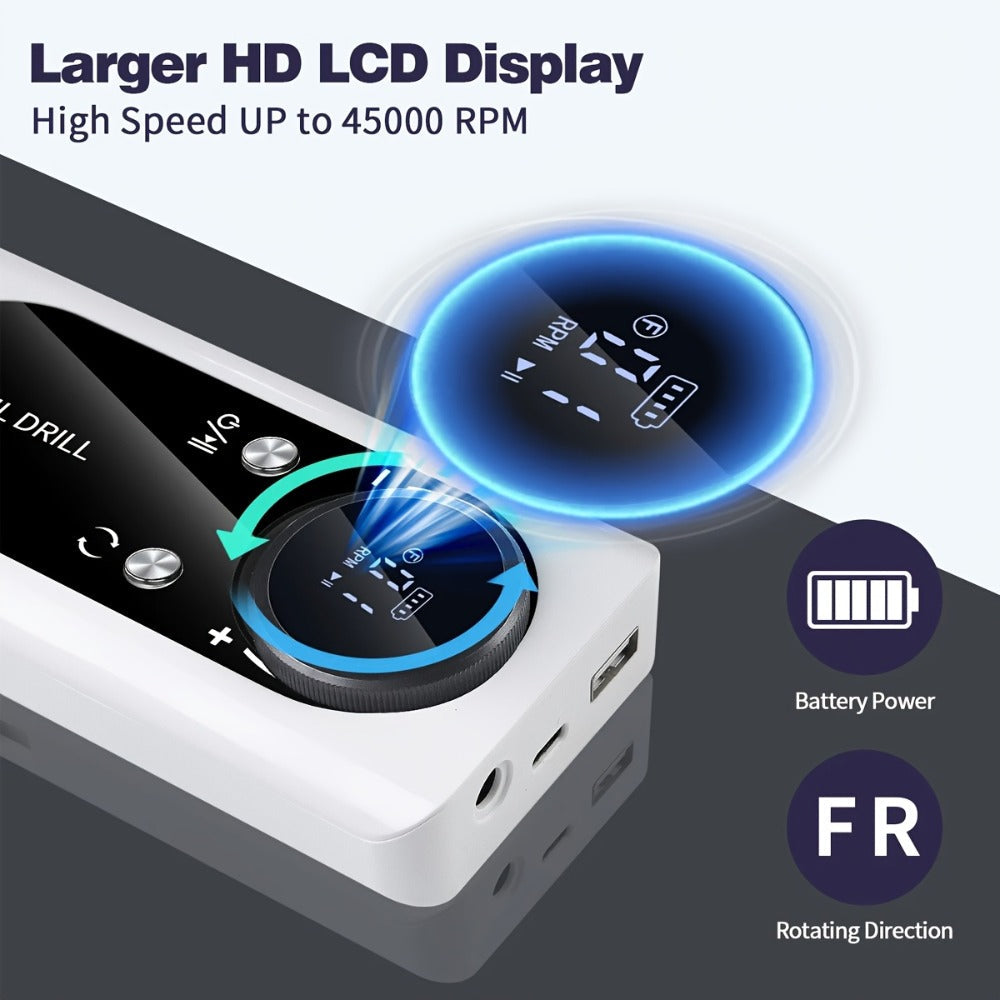 Low Noise Nail Drill Machine 45000RPM Rechargeable with LCD Display – Quiet Electric E-File for Gel Polish Acrylic Natural Na