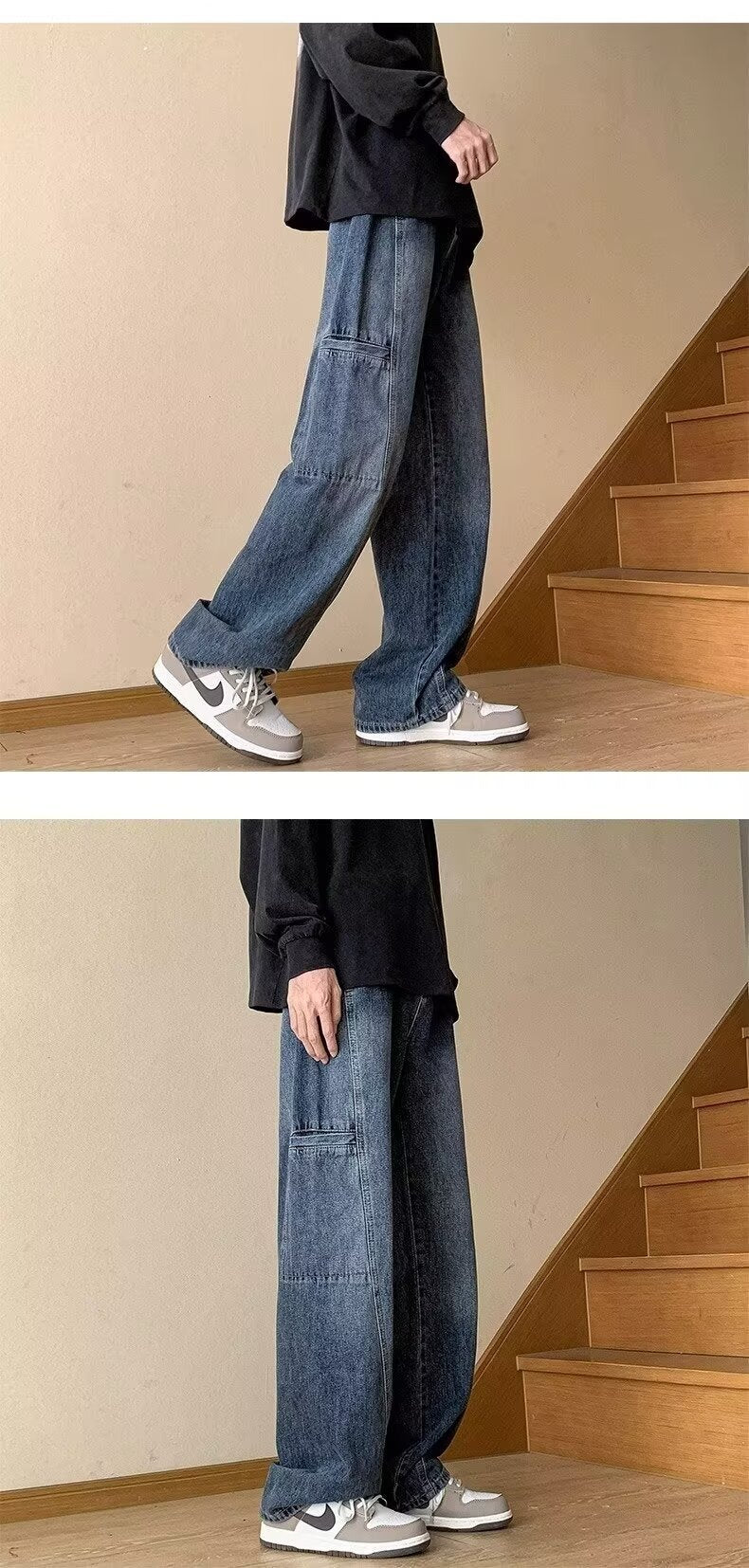Retro High-street Dark Blue Workwear Denim Jeans