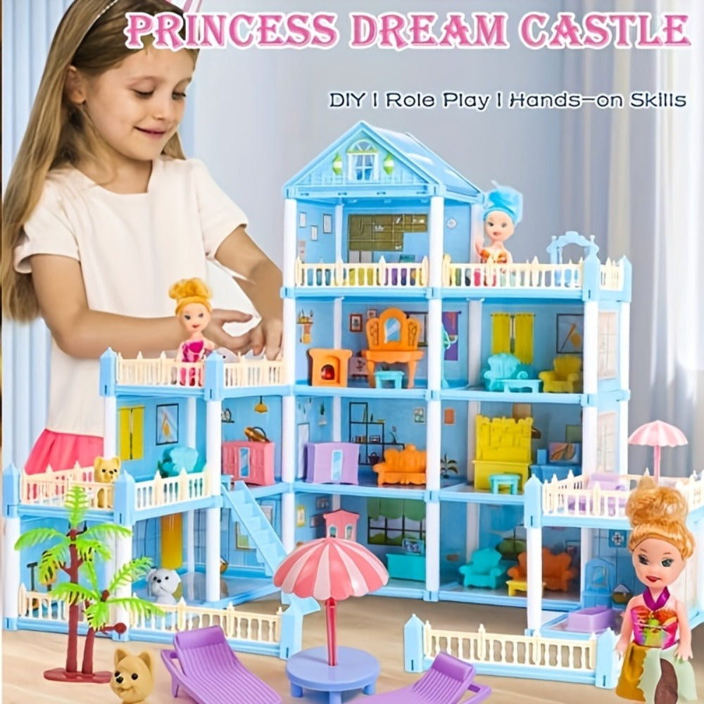 Princess Doll House Castle with Furniture & Accessories, Pink or Blue Mini Villa Playset 14 to 27 Rooms — image 3