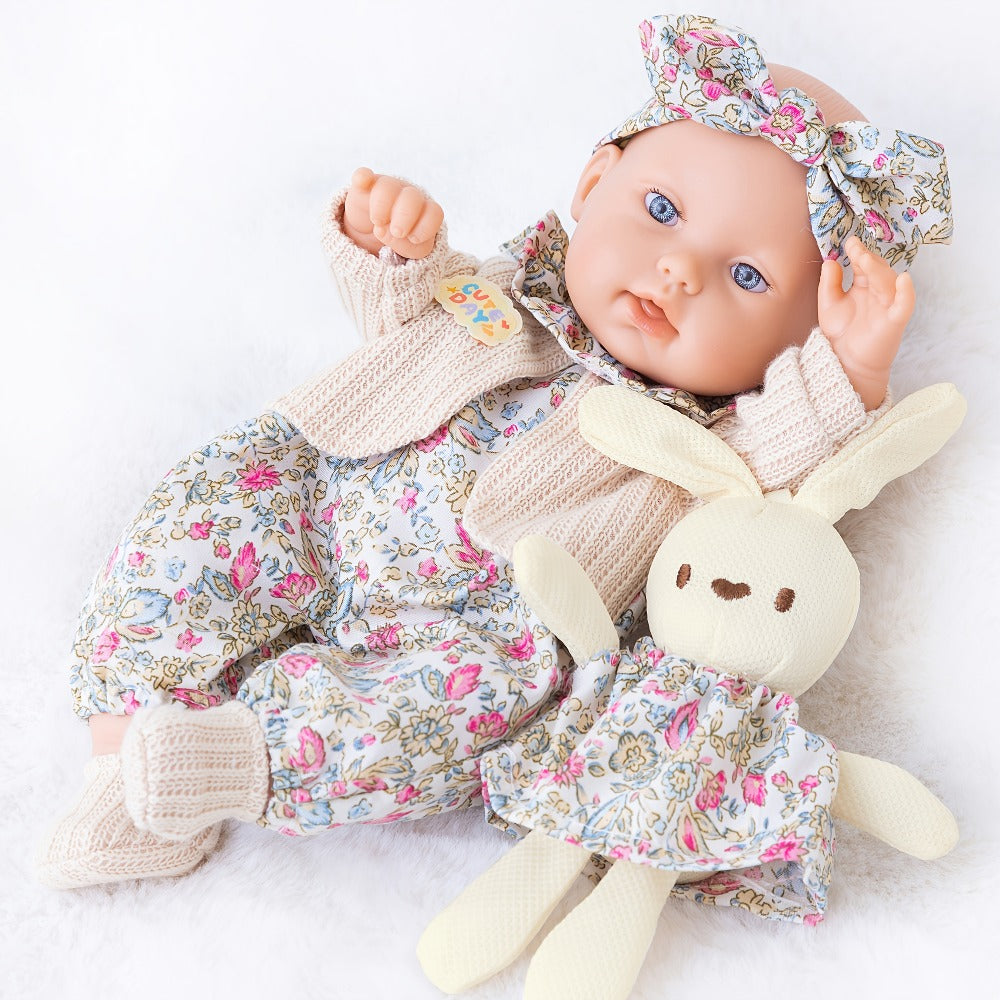 Floral Dress Baby Doll 12 Inch with Rabbit Plush Toy Gift Set, Realistic Vinyl Doll with Floral Outfit — image 5