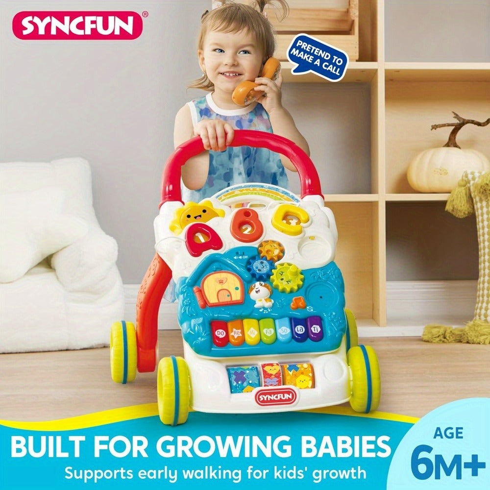 Sit to Stand Baby Push Walker 2-in-1 Adjustable Speed Learning Walker Detachable Play Panel 7-Mode Piano Light-Up Buttons Sou