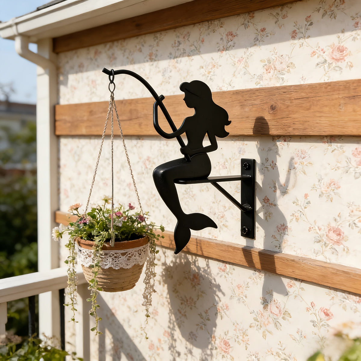 Wall Planter Hanging Iron Art Mermaid Flower Pot Holder for Balcony Vertical Garden – Creative Fisherman Theme Indoor Outdoor