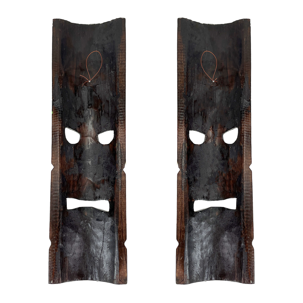 Tiki Wall Masks Set of 2 – Hand Carved Wooden 20" Tropical Decor with Palm Tree & Plumeria Designs for Indoor Outdoor Patio B