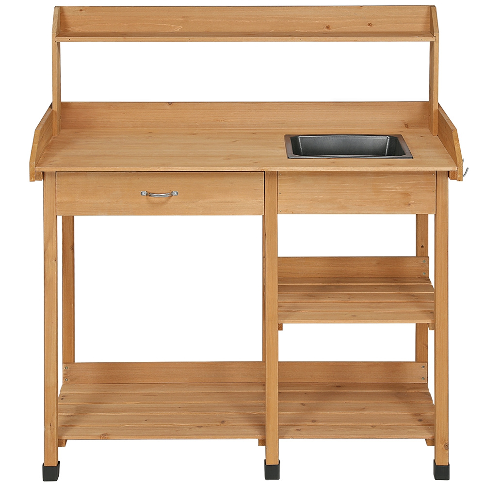 Garden Potting Table 4-Tier with Removable Sink, Adjustable Shelf, Drawer & Side Hooks, Outdoor Planter Stand for Yard Greenh