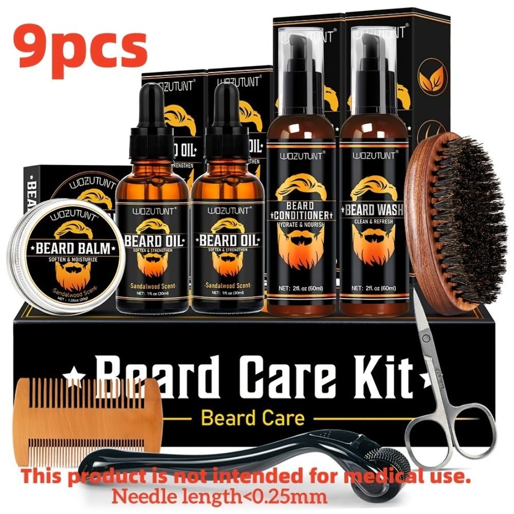 Beard Oil & Balm Grooming Kit for Men – 9-Piece Complete Beard Care Set with Conditioner Wash Brush Comb Clippers Travel Pouc