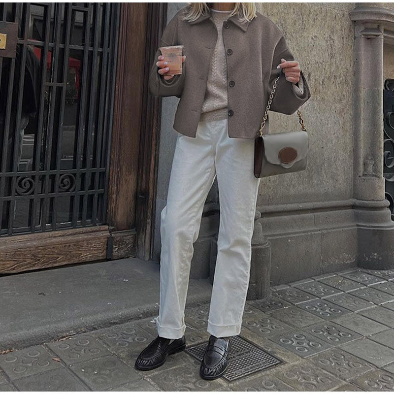 Lapel Long Sleeve Short Button Coat Fashion Women Baggy Casual Jacket