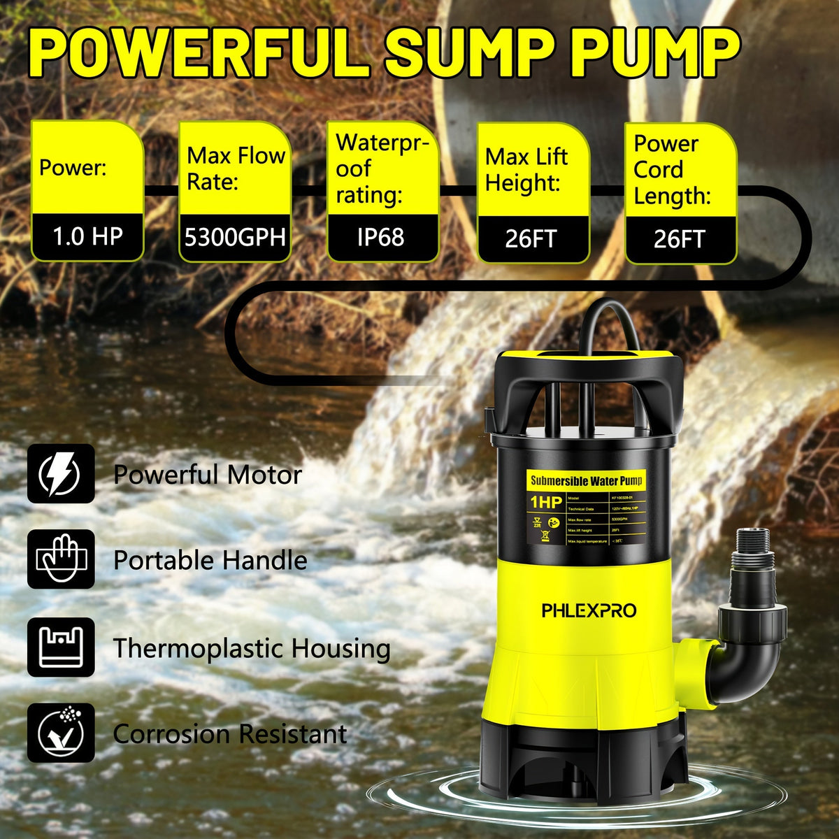 Submersible Sump Pump 1HP 5300GPH 750W with Float Switch 26ft Cord for Pool Pond Basement Garden — image 6