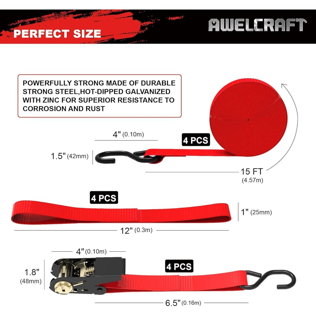 Ratchet Tie Down Straps 4-Pack 15FT 1, 500 lb Break Strength Heavy Duty with Soft Loops & Storage Bag – High-Visibility Webbi