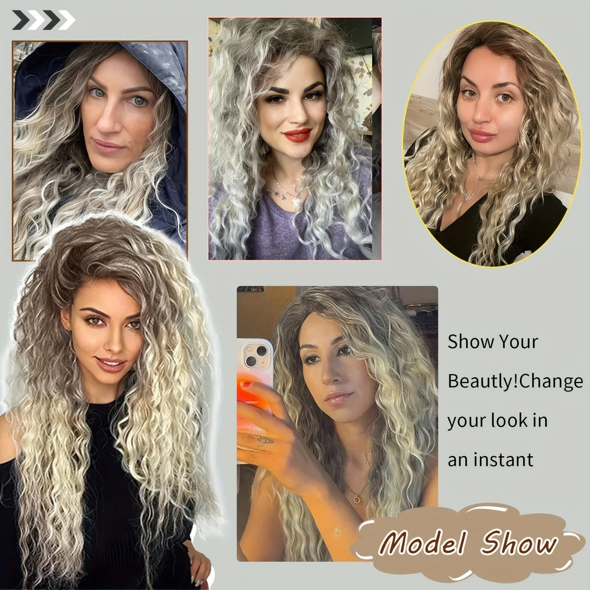 Synthetic Wig 30-Inch Long Curly Waves with Dark Roots, Middle Part and Three Ombre Colors — image 13