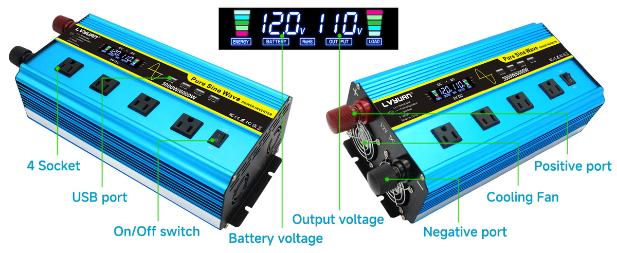 Blue 12V or 24V DC to 110V AC Power Inverter with LCD, Four AC Receptacles and Remote Presentation — image 16