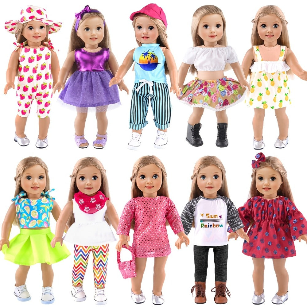10-Outfit Doll Clothes Set for 18-Inch Dolls with Mixed Dresses, Tops, Pants, Skirts and Headwear — image 1