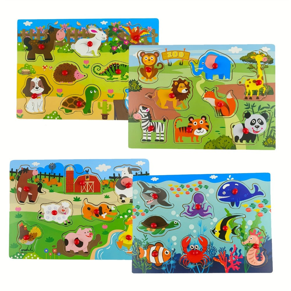 Four-Board Wooden Peg Puzzle Set with Colorful Animal Scenes and Red Knob Pieces for Matching Play — image 1