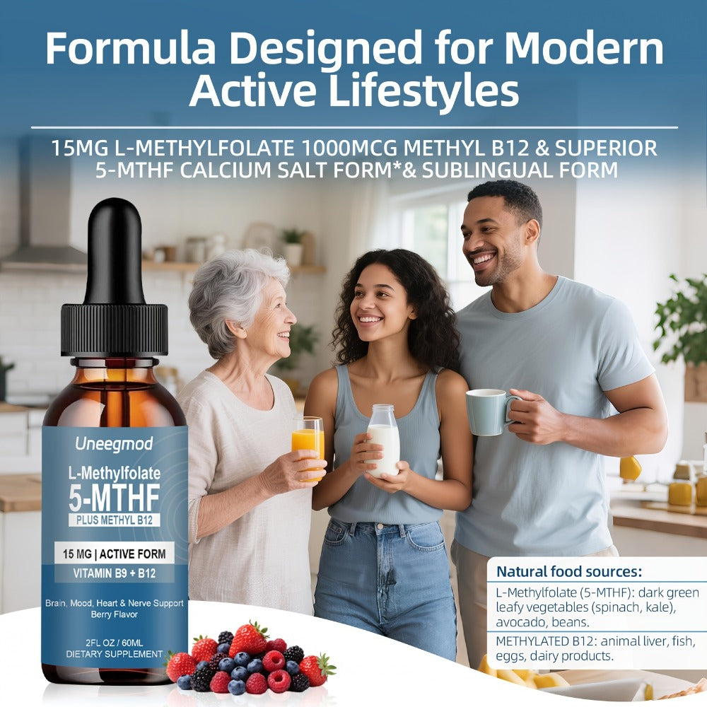L-Methylfolate 15mg Liquid Drops 2fl oz with Methylated B12, Active 5-MTHF for Brain, Heart & Nervous System Health — image 2