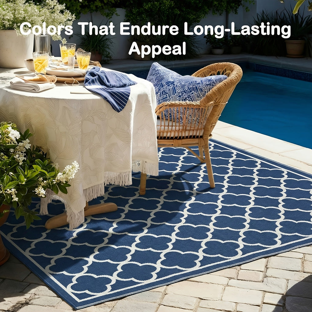 Outdoor Area Rug Waterproof Foldable Picnic Mat for Patio Balcony RV Camping Beach Garden – Blue Clover & Gray, Multiple Size