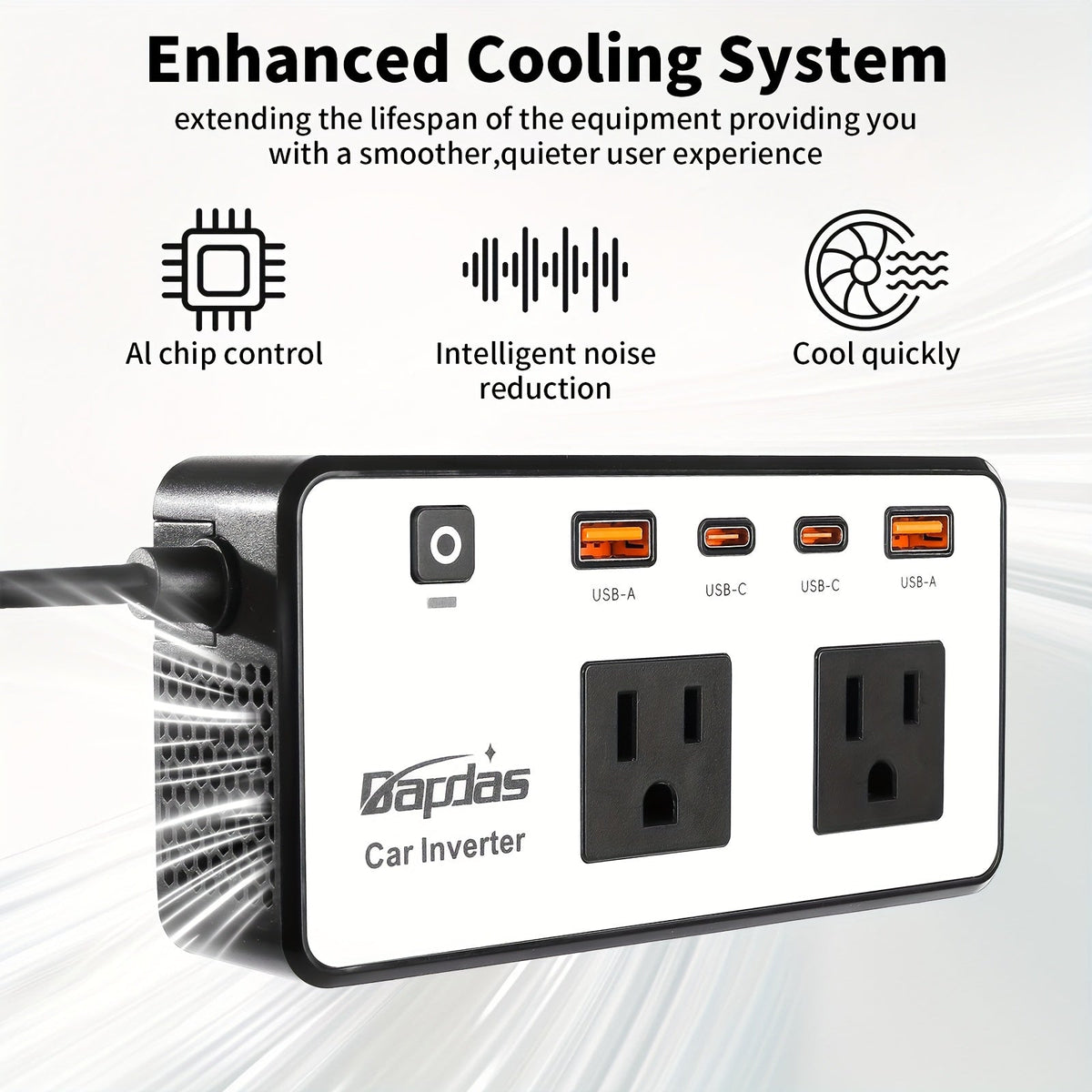 Car Inverter 200W DC 12V to AC 110V with Dual AC Outlets 24W USB-C Fast Charging 4 USB Ports Portable for Garden, Patio and Y