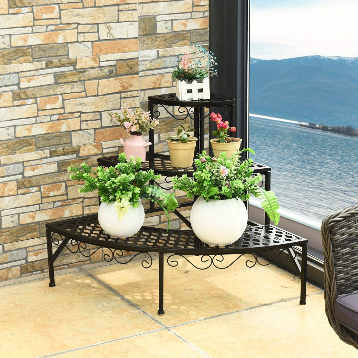 Three-Tier Black Metal Corner Plant Stand with Fan-Shaped Shelves, Scrollwork and Non-Slip Feet — image 11