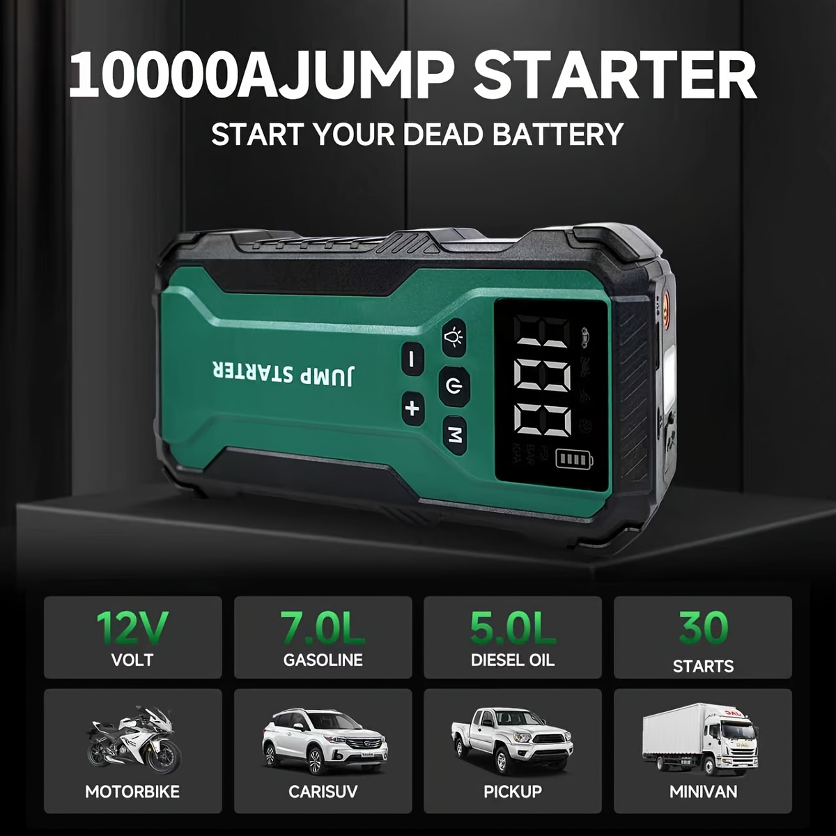 10000A Car Jump Starter with 12V Clamps, LED Light and Optional Integrated Air Pump in Red, Green or Gray — image 16