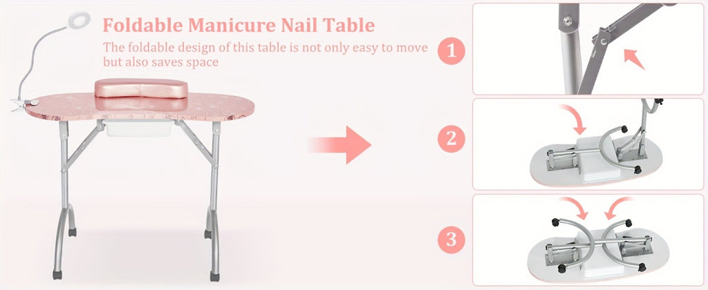 Foldable Nail Table with LED Lamp Drawer Lockable Wheels Wrist Cushion & Carrying Bag, Portable Manicure — image 12