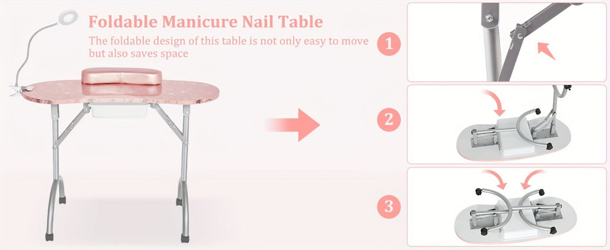 Foldable Nail Table with LED Lamp Drawer Lockable Wheels Wrist Cushion & Carrying Bag, Portable Manicure — image 12