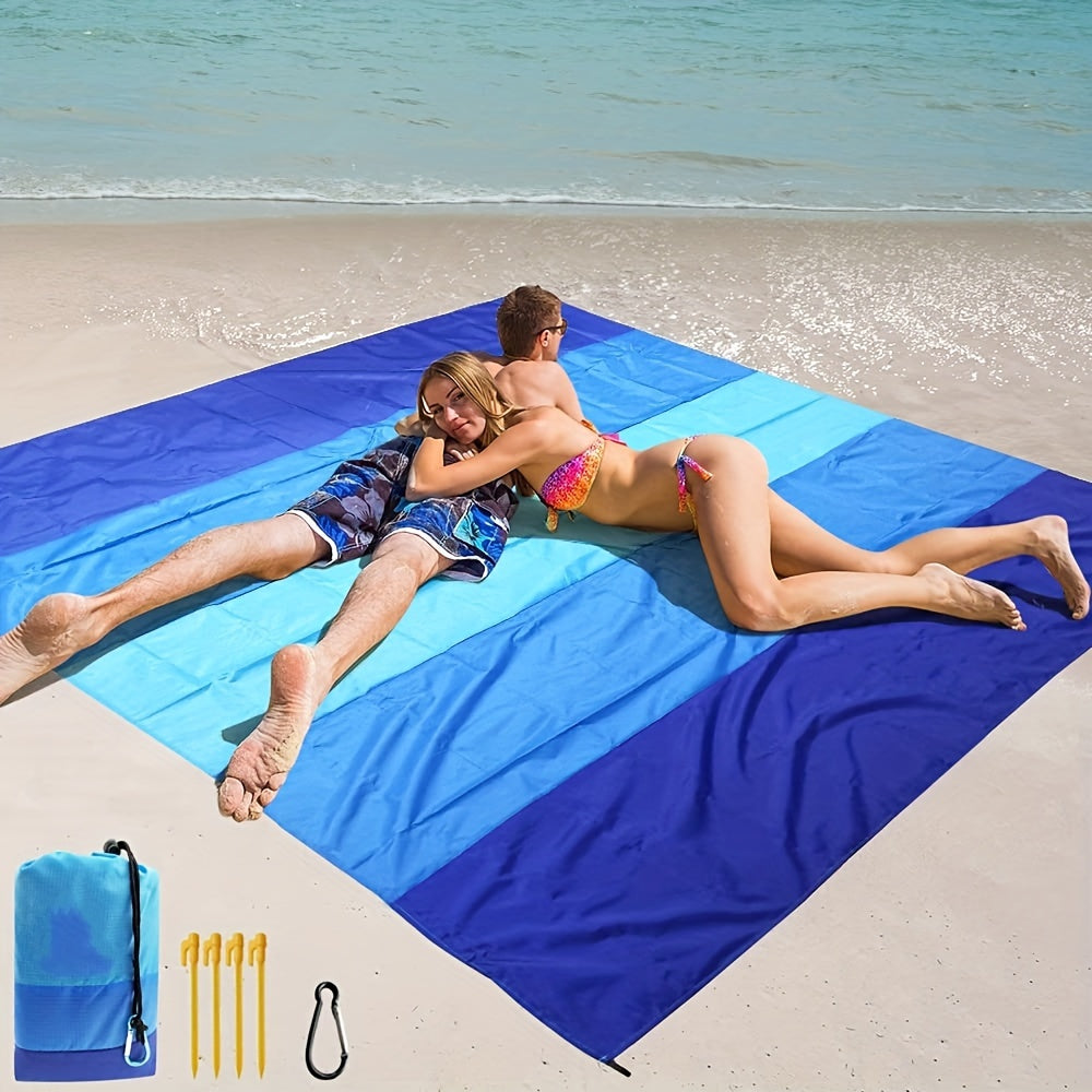 Blue Nylon Beach Mat with Four Stakes, Carabiner and Carry Pouch, 82 x 79in in Two Checkout Labels — image 1