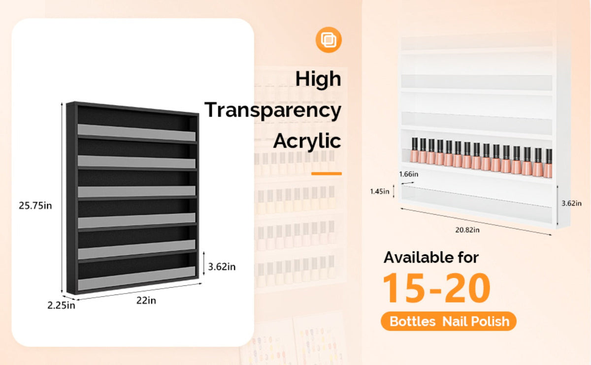 Wall Mount Nail Polish Rack 6 Tier Holds 120 Bottles with Acrylic Baffles – Large Nail Varnish Display Shelf Organizer for Sa