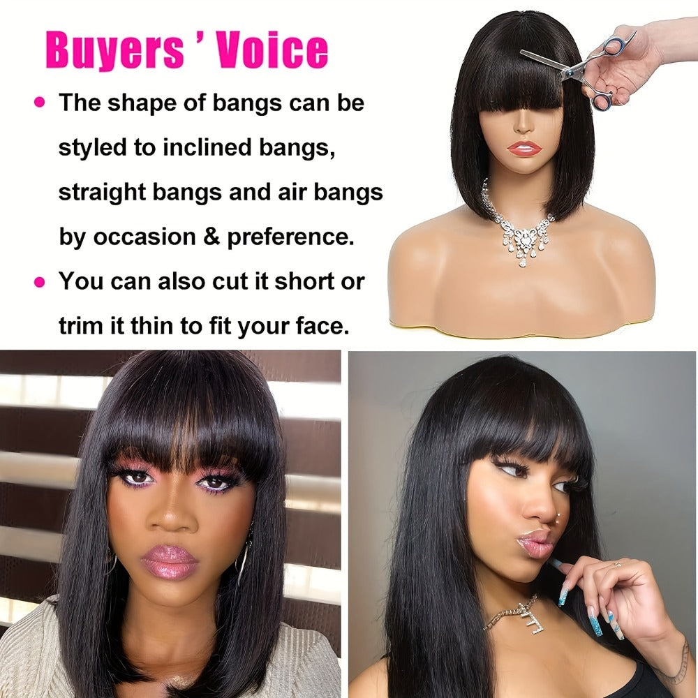 Straight Bob Human Hair Wig with Full Bangs, 250% Density, Rose Net Cap and 10-18 Inch Lengths — image 7