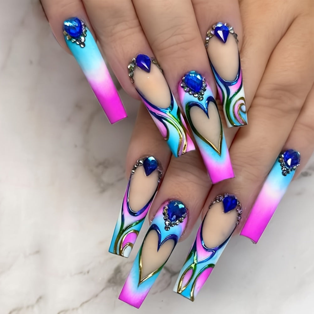 Press On Nails 120-Piece Extra-Long Five-Box Cosmic Eye Rhinestone Matte Floral Stripe Set with Glue — image 8