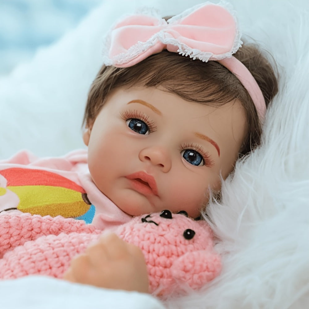 Reborn Doll, Soft-Body Sleeping Figure with Hand-Painted Details, Purple Bows and Floral Outfit — image 7