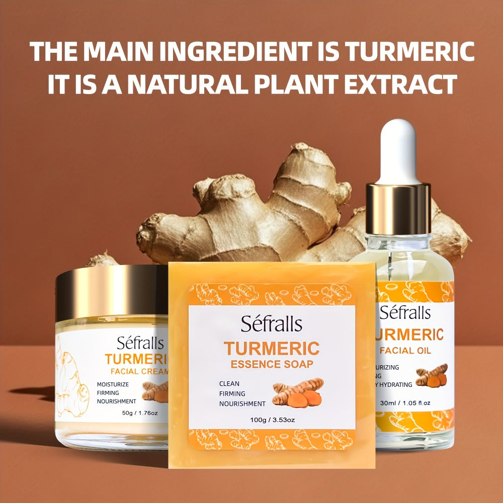 Turmeric Skincare Set 3 Pcs – Turmeric Face Cream, Facial Soap & Essential Oil Kit for Deep Pore Cleansing, Brightening & Moi