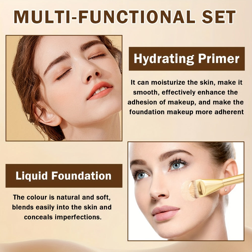 Liquid Foundation & Primer Set for Mature Skin 3-in-1 CC Cream BB Cream Silky Smooth Formula, for Makeup, Travel and Everyday