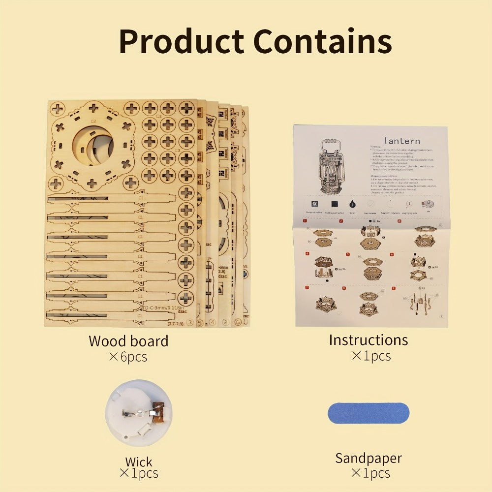 LED Wooden Lantern Model Kit, Rotating Mechanical 3D Wooden Puzzle for Adults & Teens, Glowing Vintage Desk Decor Display — i