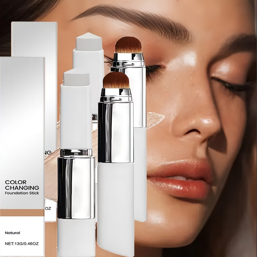 Skin Tone Adapting Color-Changing Foundation Stick 2-Piece with Built-In Brush & Puff – Lightweight Matte Finish Sheer to Bui