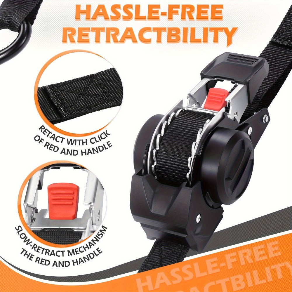 Ratchet Tie-Down Straps with Auto-Retract & Speed Control – Heavy-Duty Cargo Securing Kit with Hooks & Storage Bag | Motorcyc