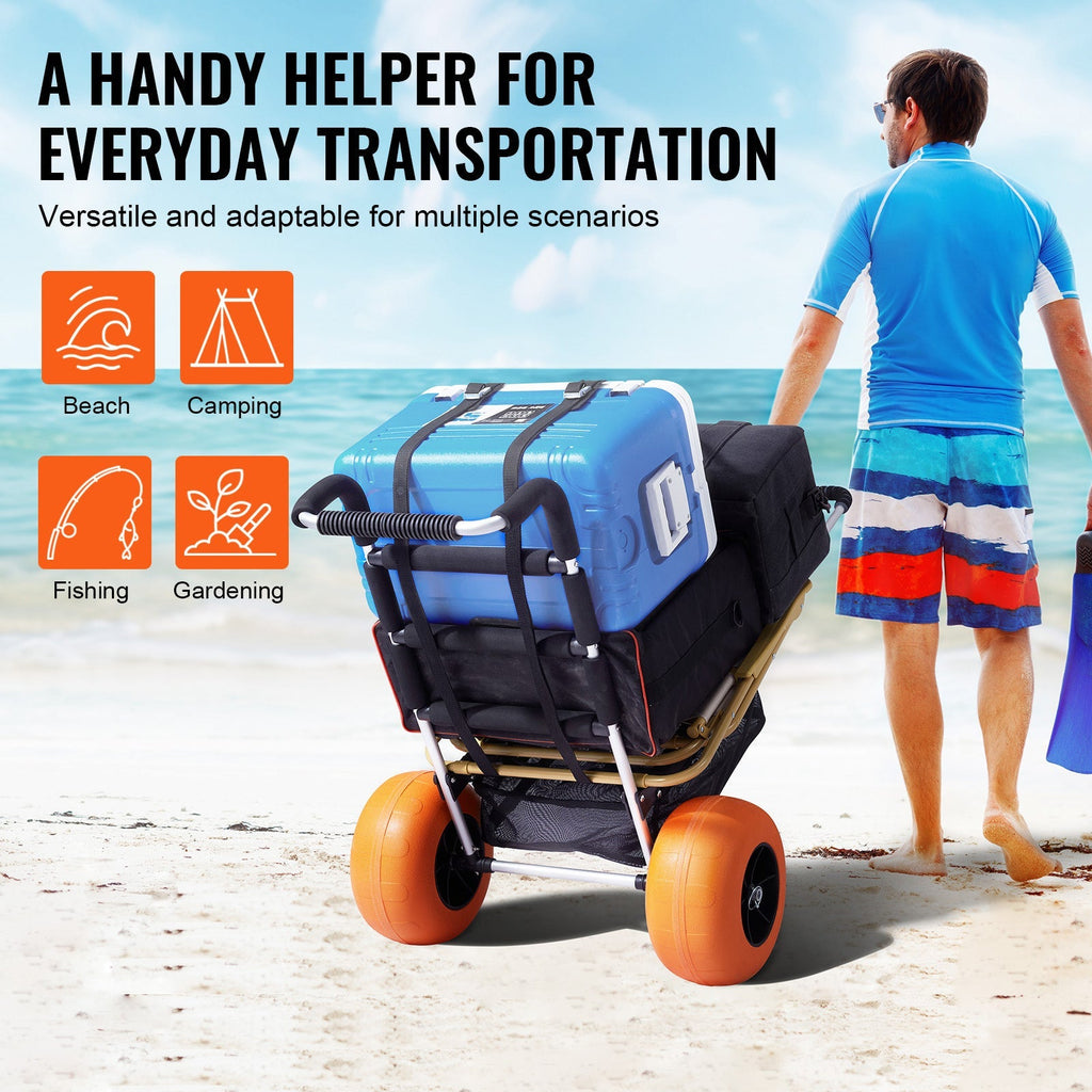 Beach Cart Aluminum Alloy 12-Inch PU Foam Wheels Folding Sand Cart Adjustable Handle for Camping Fishing Gardening Outdoor — 