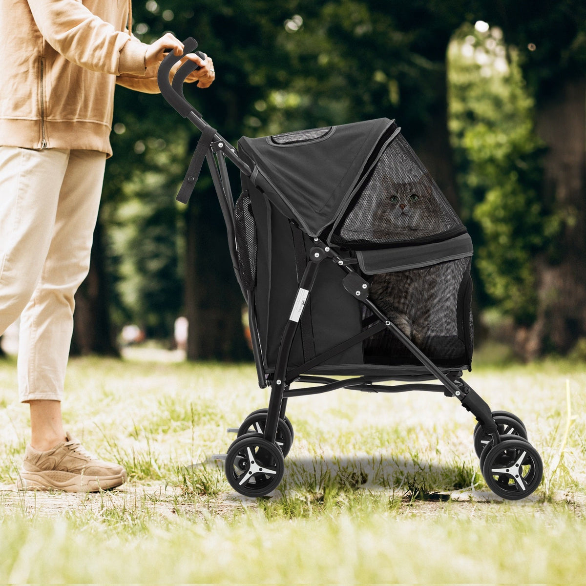Four-Wheel Pet Stroller with Mesh Cabin, Folding Frame, Lower Basket and Ten Color or Print Options — image 3