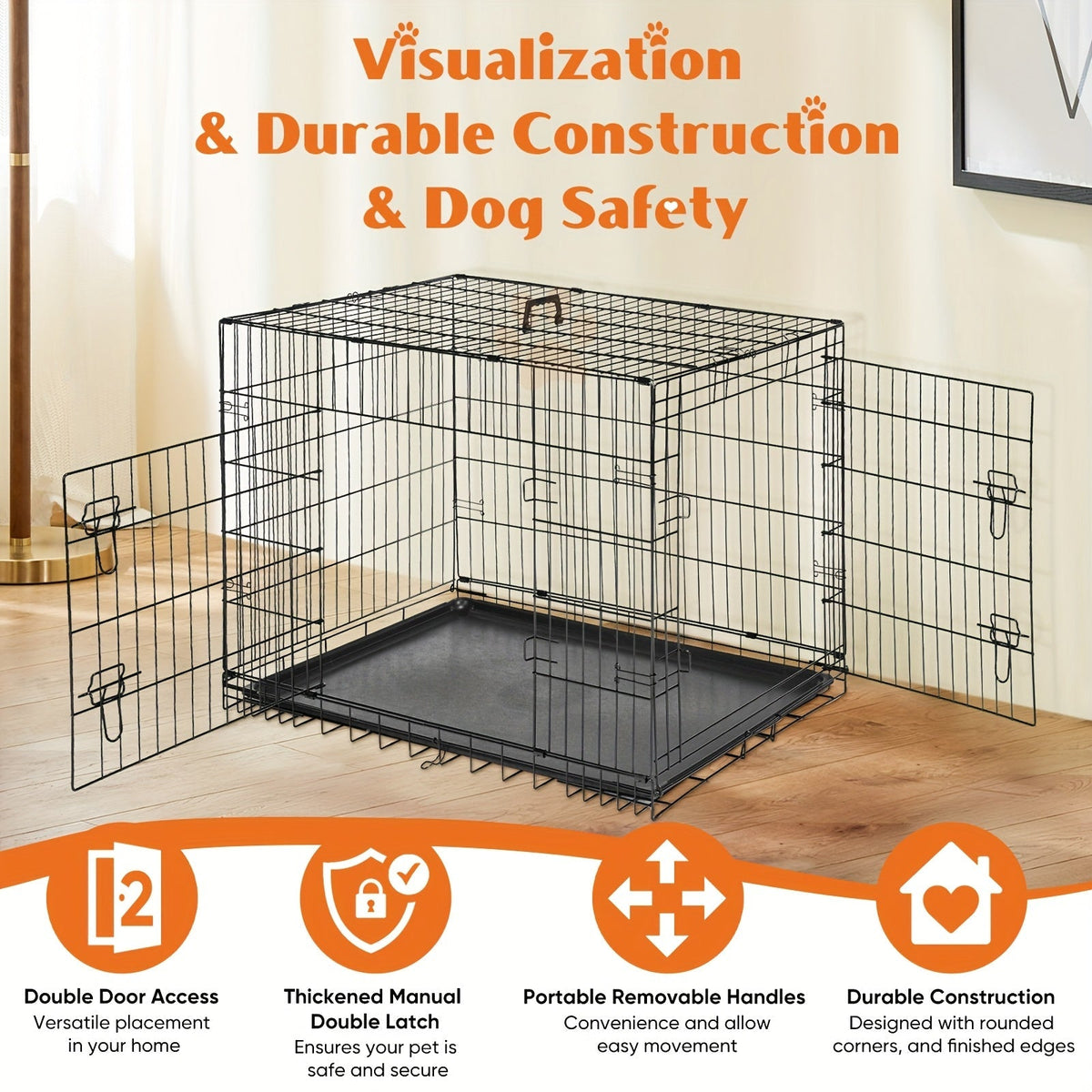 36-Inch Folding Wire Dog Crate with Two Door Accesses, Divider Panel, Removable Tray and Top Handle — image 4
