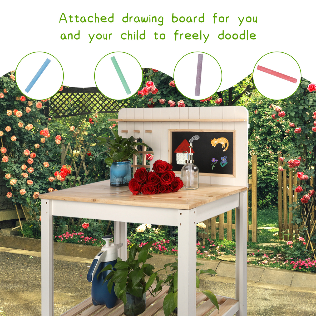 Potting Bench with Blackboard Removable Sink Hooks Double Shelf for Garden — image 12