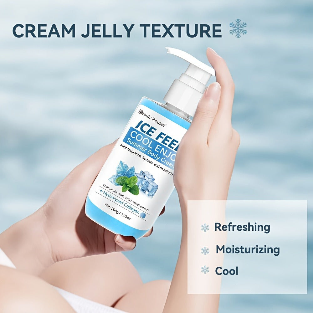 Body Cream Beauty Rouser ICE FEEL 200g Pump with Mint Chamomile Witch Hazel and Collagen Package Callouts — image 7