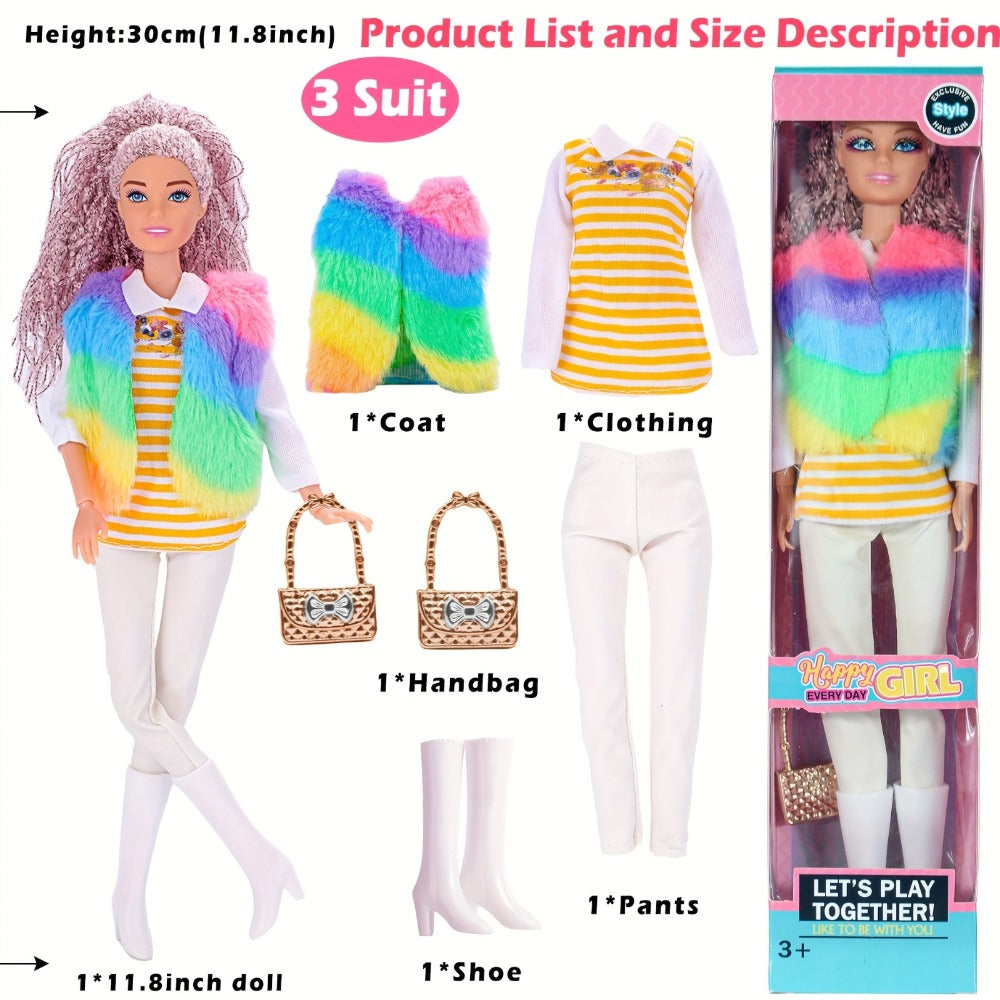 Six-Piece 11.5-Inch Fashion Doll Set with Mixed Outfits, Handbags, Hats, Necklaces and Suitcase Accessories — image 3