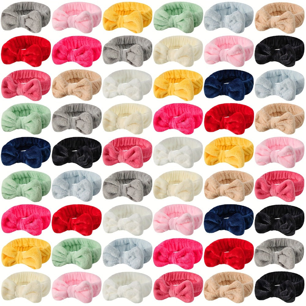 Spa Headbands for Washing Face 52 Pack Bulk Set – Soft Coral Fleece Bow Headband in 13 Colors for Women Skincare Makeup Showe
