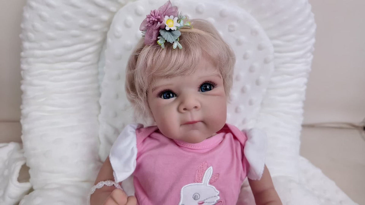 Reborn Baby Doll 16-Inch Cloth Body with Rooted Blonde Hair, Open Eyes, Pink Romper and Pacifier Set — image 13