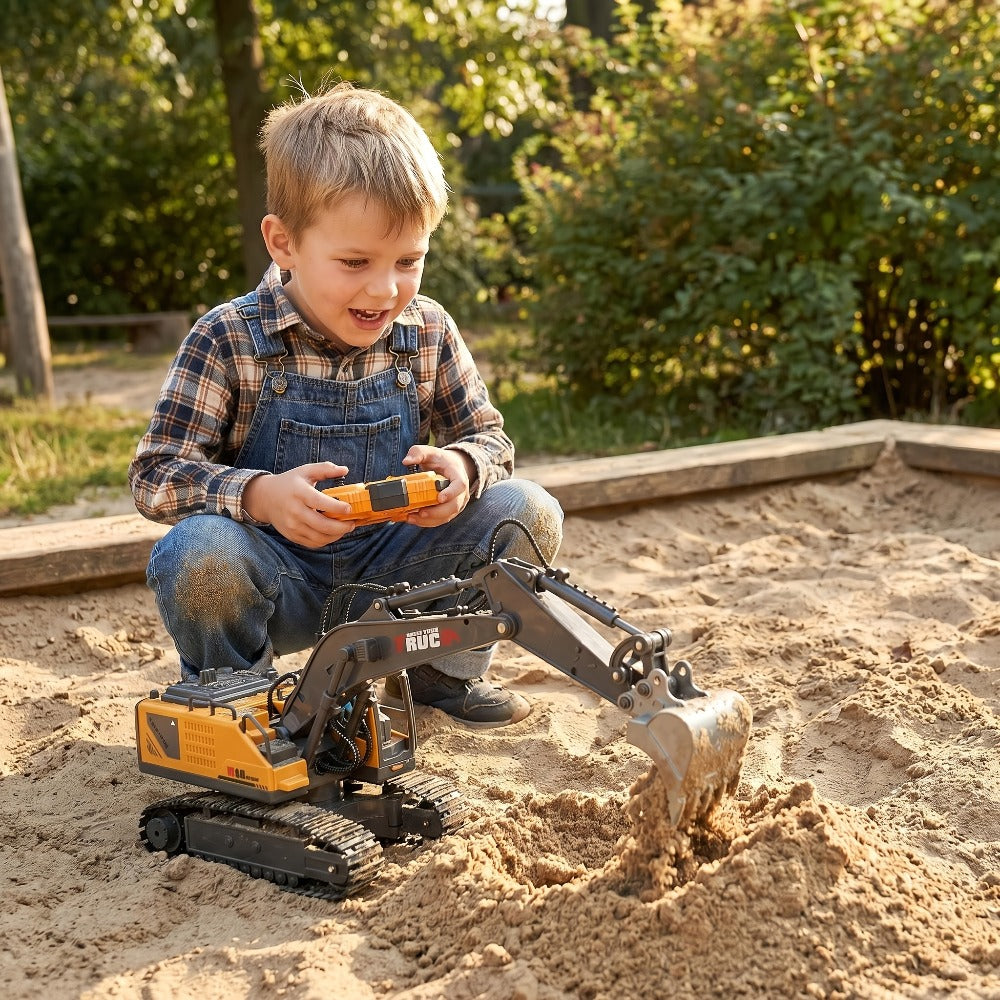 RC Excavator Toy for Kids Track Type 2.4GHz, 1200mAh Rechargeable Remote Control Construction Truck with Metal Shovel & LED L
