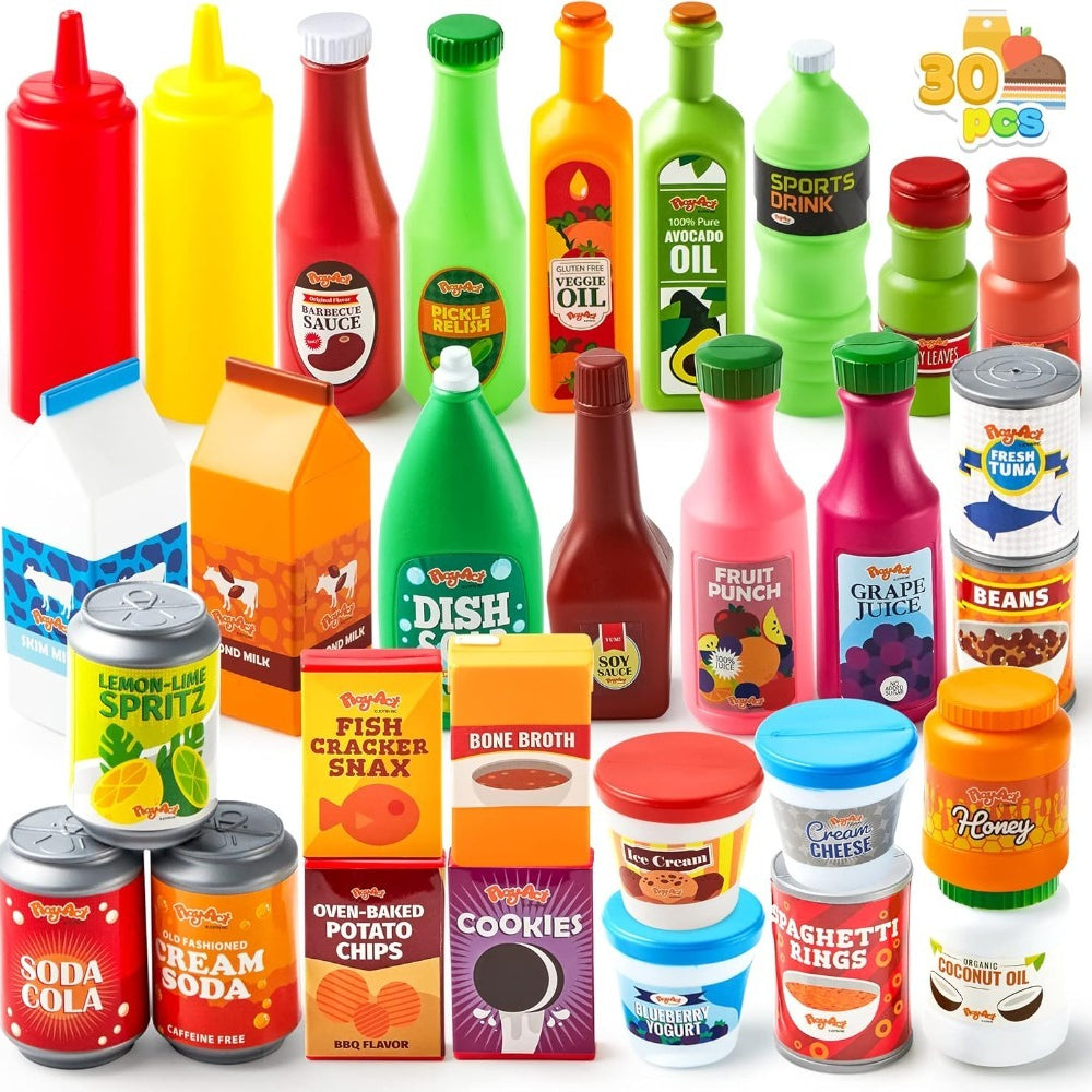 30 Pcs Play Food Grocery Cans Set - Pretend Kitchen Toy with Drinks, Juice, Snacks & Yogurt, Safe — image 12