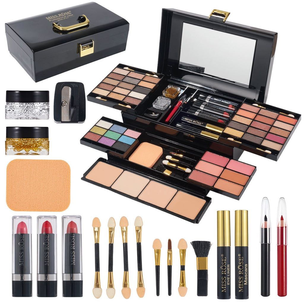 Makeup Kit 58-Color Black Mirror Case with Sliding Trays for Face, Eye and Lip Cosmetics plus Application Tools — image 1