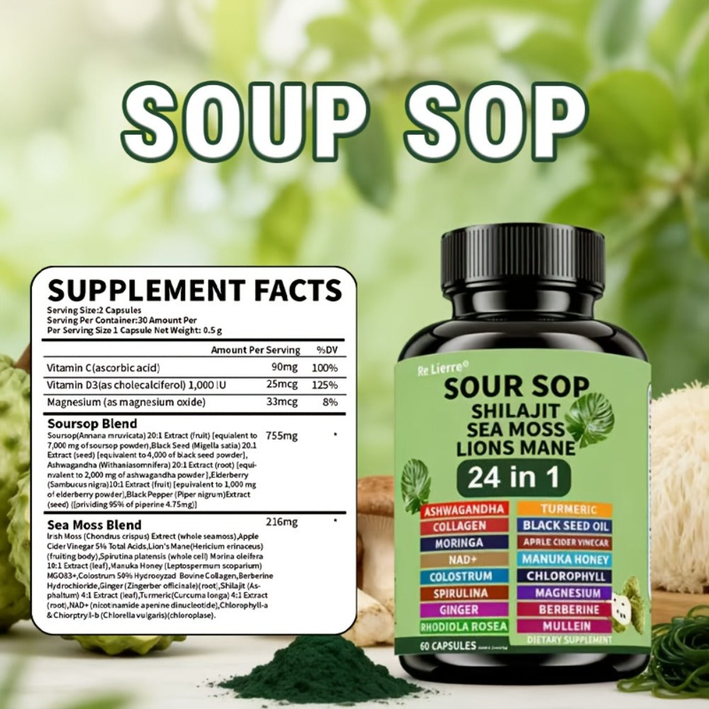 Dietary Supplement Sea Moss 24-in-1 Capsules with Soursop, Lion’s Mane and Shilajit, One or Two Bottles — image 2